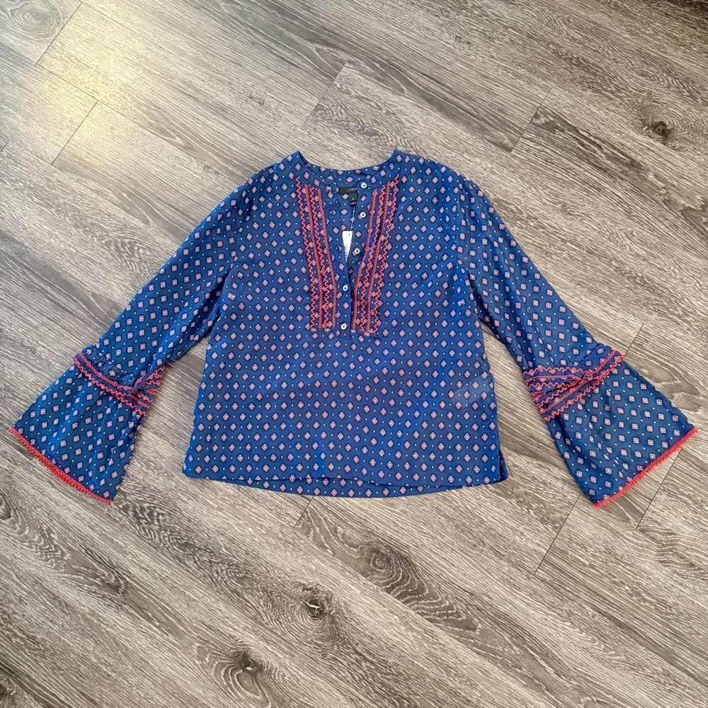 J. Crew Ludwig Embroidered Bell Sleeve Silk Cotton Blouse New